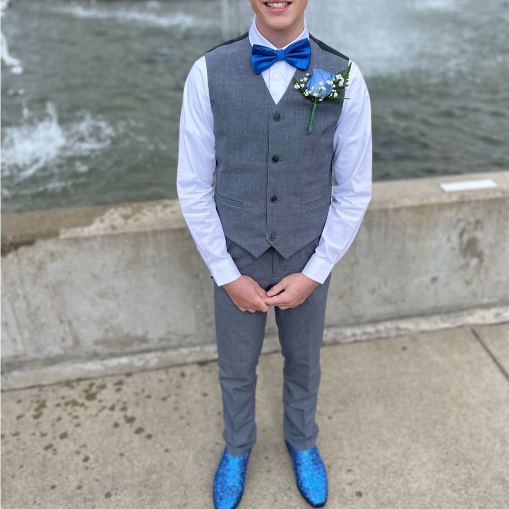 Calvin Klein white dress shirt and gray vest and Van Hausen slim fit dress pants